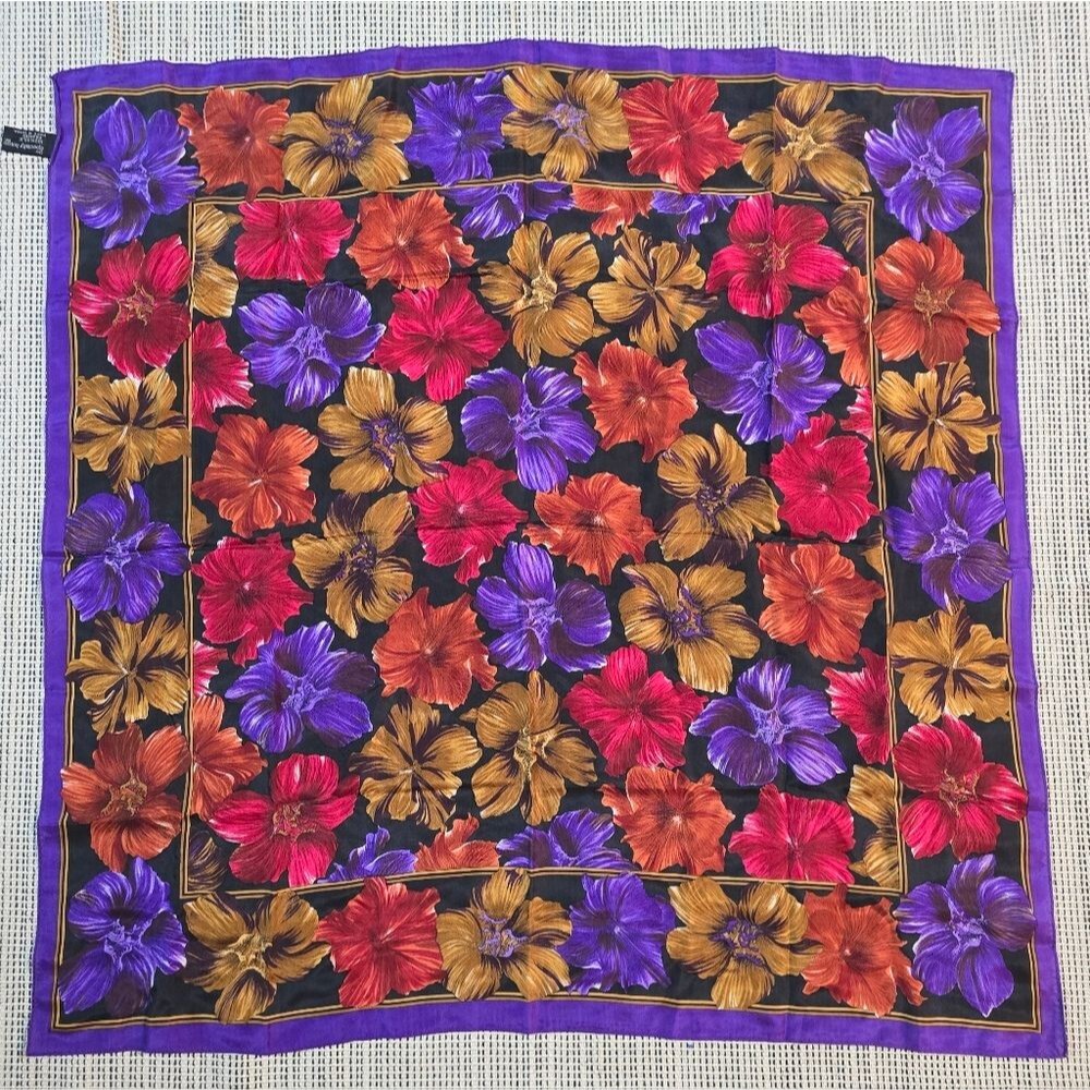 Vintage Specialty House 100% Silk Purple Hibiscus Floral Square Scarf Korea
